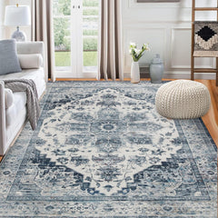 GARVEE 9x12 Area Rug Vintage Distressed Machine Washable Area Rug for Living Room Bedroom Traditional Medallion Non-Slip Stain Resistant Accent Rug Carpet for Home Decor Floor Decoration, Blue