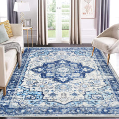 GARVEE Vintage Rug 9x12 Large Washable Area Rug Soft Medallion Distressed Floor Cover Traditional Indoor Foldable Rug Floral Print Accent Thin Rug Retro Carpet for Living Room Bedroom Office Blue