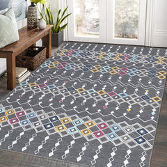 GARVEE Washable Moroccan Geometric Rug 9x12 - Vintage Boho Design, Faux Wool, Non-Slip Backing, Machine Washable, Ideal for Living Room, Bedroom, Nursery, Grey