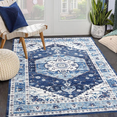 COZYLOOM Ultra-Thin Washable Rug 5x7 Non-Slip Rug Indoor Medallion Distressed Floor Carpet for Living Room Bedroom Oriental Floral Throw Carpet Non-Shedding Foldable Low Pile Floor Cover Blue