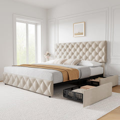 GARVEE Full Size Bed Frame with 4 Storage Drawers, Faux Leather Upholstered Platform Bed Frame with Adjustable Headboard, Diamond Stitched Button Tufted, No Box Spring Needed, White