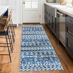 GARVEE Geometric Runner Rug 2x6 - Machine Washable, Easy-Cleaning, Non-Shedding, Stain Resistant, Non-Slip, Foldable Indoor Mat for Living Room, Bedroom, Kitchen, Entryway, Bathroom, Blue