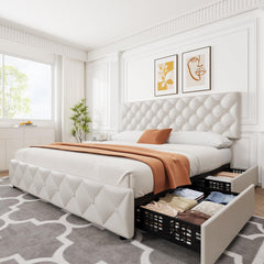 Garvee King Size Bed Frame with 4 Storage Drawers, Faux Leather Upholstered Platform Bed Frame with Adjustable Headboard, Diamond Stitched Button Tufted, No Box Spring Needed, White