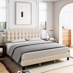 GARVEE Full Size Linen Bed Frame with Adjustable Headboard, Wooden Slats, Non-Slip, Noise-Free, Easy Assembly, Off White