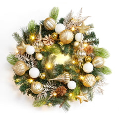 GARVEE Christmas Wreath for Front Door, 24 Inch Outdoor Christmas Wreath, Battery Operated Xmas Wreath with Gold White Ball Ornaments Pine Cones and 20 LED Lights for Home Holiday Decor