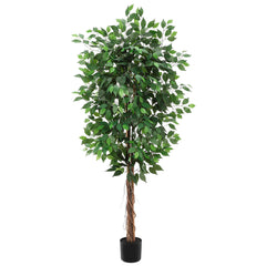 GARVEE Artificial Ficus Tree 6ft Tall + Realistic Texture + 3 Natural Wood Trunks + Polyester Material + Adjustable Branches + Indoor/Outdoor Decor