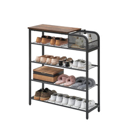 GARVEE Shoe Rack for Entryway, 5 Tier Shoe Storage Shelves with Mesh Basket, Wooden Top Shelf, Sturdy Steel Frame, Rustic Brown, Fits 16-20 Pairs, Easy to Assemble