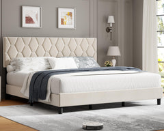 GARVEE Queen Bed Frame with Headboard, Beige Upholstered Bed Frame Queen, Heavy-Duty Queen Platform Bed Frame with Strong Wood Slats, Upholstered Mattress Foundation No Box Spring Needed