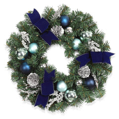 GARVEE Christmas Wreaths, 18 Inch Christmas Wreath for Front Door with 15 LED Lights, Pre-lit Christmas Decoration with Blue Bows Silver Leaves Ball Ornaments for Christmas Wall Window Decor