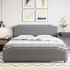 Garvee Full Size Bed Frame, Velvet Upholstered Platform Bed Frame with Rivet Decor Headboard, Strong Wood Slat Support, No Box Spring Needed(Grey/Full)