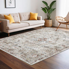 GARVEE Washable Living Room Rugs 9x12 Large Vintage Indoor Floor Carpet with Non-Slip Backing, Oriental Distressed Accent Carpet, Stain-Resistant Soft Low Pile Area Rugs for Office, Bedroom, Brown