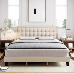 GARVEE King Size Linen Upholstered Bed Frame with Adjustable Headboard, Strong Wooden Slats, Non-Slip, Noise-Free, Off White, Easy Assembly