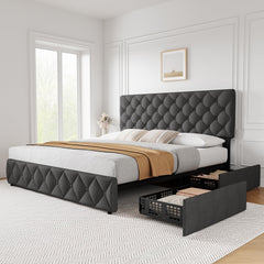 GARVEE King Size Bed Frame with 4 Storage Drawers and Adjustable Headboard, Linen Upholstered Platform Bed Frame with Wooden Slats Support, Diamond Stitched Button Tufted, No Box Spring Needed - Dark Grey