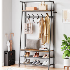 GARVEE 4-in-1 Hall Tree Coat Rack Shoe Bench with Wood Look, Steel Frame, Storage Shelf, Hanging Bar, Industrial, Rustic Brown & Black