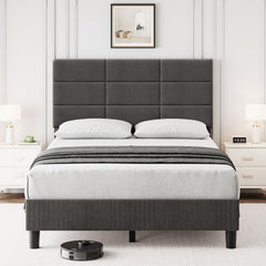 GARVEE Twin Bed Frame with Headboard, Linen Upholstered Twin Bed Frames with Solid Wooden Slats Support, No Box Spring Needed, Noise-Free, Grey