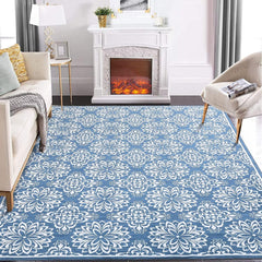 Garvee 9x12 Area Rugs Large Machine Washable Rug Living Room Rugs Modern Floral Rugs for Bedroom Non Slip Soft Indoor Carpet Vintage Print Accent Rug Non Shedding Dining Room Office Throw Carpet Blue