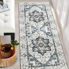 GARVEE Washable Runner Rug 2x6, Vintage Area Rugs for Living Room with Non-Slip Backing, Low Pile Floor Mat Carpet for Dining Room Bedroom Kitchen Laundry Entryway Home Decor, Blue