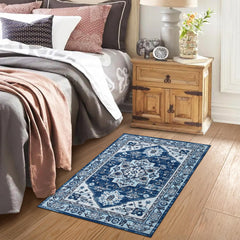 GARVEE Machine Washable Rug Small Rug Indoor Throw Doormat Vintage Low Pile Rug Mat Non-Slip Kitchen Sink Rug Stain Resistant Boho Floor Carpet for Entrance Laundry Bedroom, 2' x 3' Blue