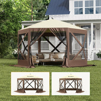 GARVEE 10x10ft Camping Gazebo, Portable Pop Up Canopy Screen Tent 6 Sided with Mesh Windows and Carry Bag for Camping, Outdoor, Picnic, Backyard Party Outside Activities, Brown