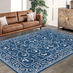 GARVEE 9x12 Rug Washable Rugs Vintage Floral Rug for Living Room Moroccan Office Rug Low Pile Throw Rugs Modern Area Rug for Bedroom Non-Slip Backing Room Decor Distressed Rug Blue Rug