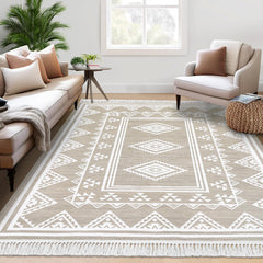 GARVEE Washable Rug 9x12 Living Room Boho Rug with Tassel Indoor Non-Slip Moroccan Bordered Floor cover Geometric Stain Resistant Bohemian Accent Carpet Rug for Bedroom Nursery Home Office, Taupe