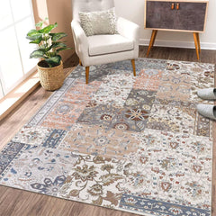 GARVEE Area Rug 5x7 Washable Rug Vintage Floral Printed Rug Chenille Low Pile Mat Non-Slip Accent Floor Carpet Ultra-Thin Foldable Floor Cover for Living Room Bedroom Non-Shedding Throw Carpet