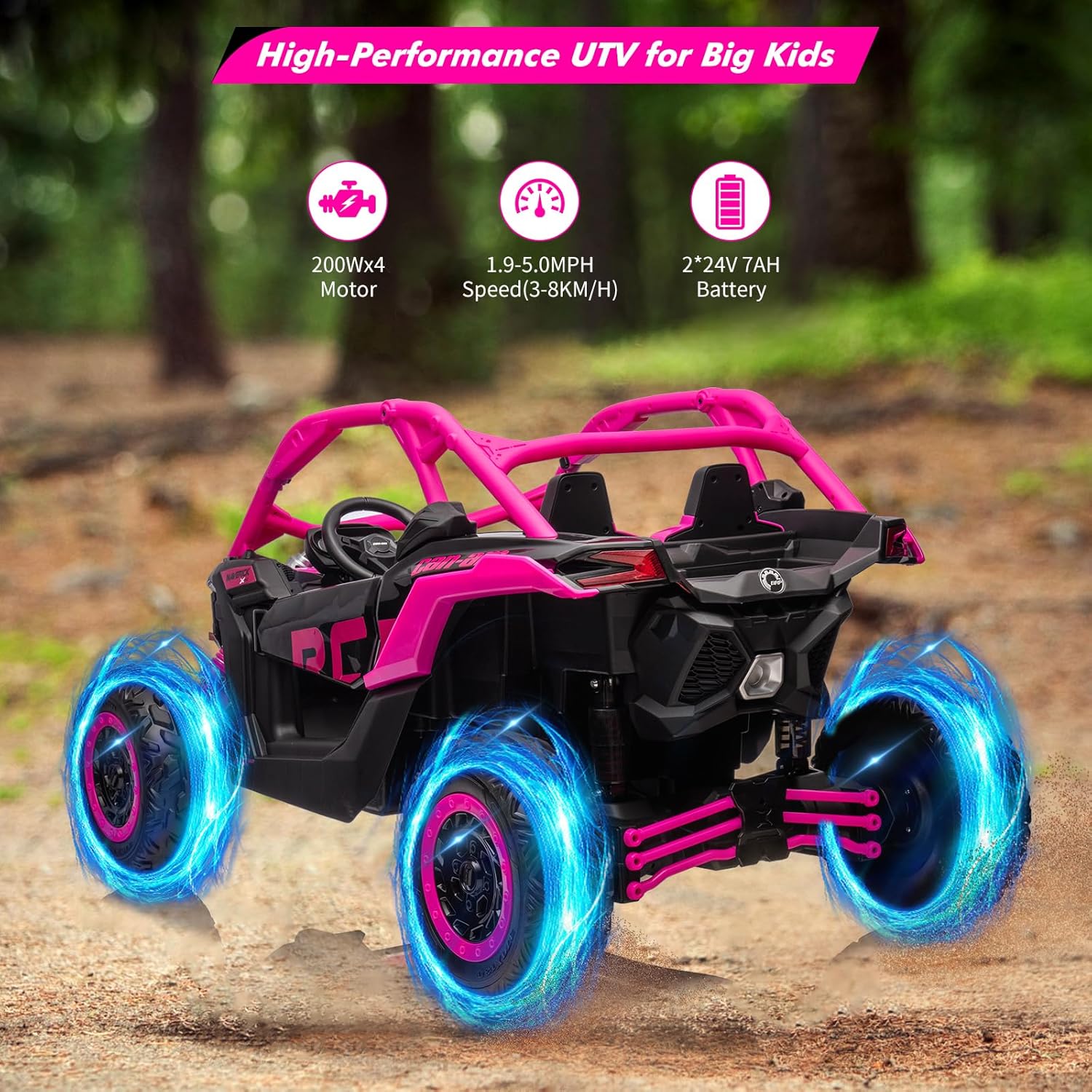 GARVEE 2-Seater Can-Am Ride-On UTV: 4WD, Remote Control, 2x24V Batteries, 4x200W Motors, 23" Seat, EVA Tires, Spring Suspension, for Kids - Rose