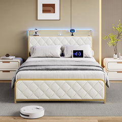 GARVEE Queen Size Bed Frame, Storage Headboard with Charging Station, Platform Bed with Velvet Backrest, No Box Spring Needed, Easy Assembly, Beige