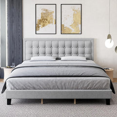 GARVEE Full Size Linen Upholstered Bed Frame + Adjustable Headboard + Strong Wooden Slats + Non-Slip + Noise-Free + No Box Spring Needed + Easy Assembly + Grey