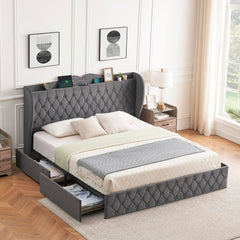 GARVEE King Size Bed Frame + 4 Storage Drawers + Charging Station + Velvet Upholstered + Tall Headboard + Wooden Slats + Light Grey