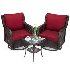 GARVEE 3 Pieces Rattan Swivel Rocking Chair Outdoor, Patio Bistro Conversation Furniture Set, Wicker Chair with Cushions and Table - Red-Encrypted Rattan