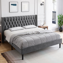 GARVEE Full Size Bed Frame with Tufted Wingback Headboard, Wooden Slats, Noise-Free, Light Grey, Fits Standard Mattresses, Easy Assembly