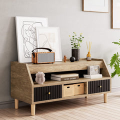 GARVEE Small TV Stand with Storage for 50-inch TV, Modern Design, 2 Drawers, Open Shelves, Grey Oak, Living Room