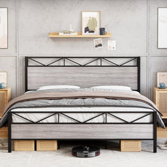 GARVEE 2024 New Bed Frame King Size, with Rustic Wood Headboard and Footboard, Sturdy Steel Slat Support, Noise Free, No Box Spring Needed, Easy Assembly (Light Grey, King)