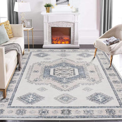 GARVEE Ultra-Thin Washable Rug 5x7 Non-Slip Rug Indoor Medallion Distressed Floor Carpet for Living Room Bedroom Oriental Floral Throw Carpet Non-Shedding Foldable Low Pile Floor Cover Boho Beige