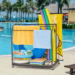 GARVEE Poolside Outdoor Storage,Towel Rack Freestanding,Storage Organizer with Compartment for Floats, Pool Noodles, Swimming Rings,5 Bar Pool Towel Rack with Rattan Base for Outdoor/Indoor