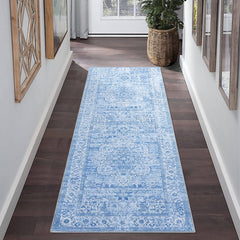 GARVEE Runner Rug Vintage Hallway Runner Entryway Rug, Washable Stain Resistant Non-Slip Accent Rug Retro Distressed Nedallion Bedroom Rug Runner Entrance Carpet for Kitchen, Blue, 2' x 6'