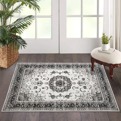 GARVEE Washable Vintage Area Rug - 2x3 Traditional Oriental Medallion Floral Design, Stain Resistant Indoor Print Carpet for Entryway Bedroom Living Room Office Kitchen, Kid & Pet Friendly, Grey