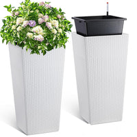 GARVEE 30 Inch Tall Planter Set of 2 Large Rattan Flower Pot with 2 Trays & a Water Level Monitor & Wheels Outdoor and Indoor for Patio, Porch, Living Room, or Home Office, White