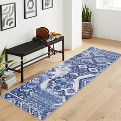 GARVEE 2x3 Small Washable Rugs Non Slip Backing Indoor Entry Rug Front Door Mat Farmhouse Tribal Kitchen Rug Chenille Low Pile Throw Carpet for Entryway Bathroom Bedside Front Doormat Blue