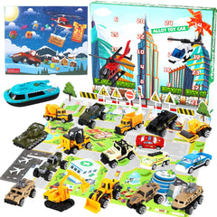 GARVEE Advent Calendar with 24Pcs Alloy Vehicles Christmas Advent Calendar for Kids with Alloy Vehicles and Helicopter 24 Days Countdown Calendar Vehicles Toy for 3+ Years Old Kids