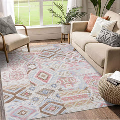 GARVEE Living Room Rugs 8x10 Washable Rug Large Bedroom Rug Colorful Dining Room Rugs for Under Table Vintage Floral Printed Rug Oriental Distressed Low Pile Floor Carpet Aesthetic Accent Rug Pink