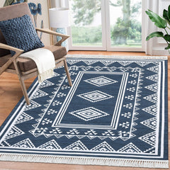 GARVEE Washable Boho Rug with Tassel 5x7 Large Bedroom Blue Rug Indoor Non-Slip Moroccan Floor Cover Farmhouse Accent Bordered Stain Resistant Carpet Rug for Living Room Kitchen Nursery, Blue