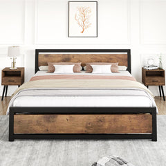 GARVEE Queen Size Bed Frame Metal Platform + Wooden Headboard & Footboard + Heavy-Duty Steel Slats + Rustic Brown