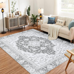 GARVEE Washable Vintage Floral Area Rug 5x7- Non-Slip Print, Non-Shedding, Soft Foldable Carpets for Dining Room, Bedroom, Living Room, Kitchen Entryway, Grey