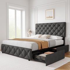 GARVEE Queen Size Bed Frame with 4 Storage Drawers, Linen Upholstered Platform Bed Frame with Wooden Slats Support, Diamond Stitched Button Tufted, No Box Spring Needed(Queen, Dark Grey)