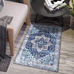 GARVEE Entryway Area Rug Vintage Medallion Small Rug Traditional Distressed Accent Rug Indoor Door Mat Non Slip Floor Cover Carpet for Kitchen Living Room Bedroom Dining Room, 2' x 3', Blue