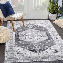 COZYLOOM Ultra-Thin Washable Rug 5x7 Non-Slip Rug Indoor Medallion Distressed Floor Carpet for Living Room Bedroom Oriental Floral Throw Carpet Non-Shedding Foldable Low Pile Floor Cover Grey