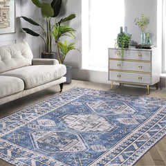 GARVEE Area Rug Machine Washable Extral Large 9' x 12' Boho Distressed Area Rugs Traditional Chic Carpet Coffee Table Rug Farmhouse Vintage Dining Table Rug Office Bedroom Decor, Blue