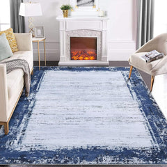 Garvee 9x12 Area Rug Washable Rug Modern Bordered Living Room Rug Indoor Distressed Print Floor Cover Non Slip Throw Carpet Aesthetic Rug Foldable Thin Rug Accent Rug for Living Room Bedroom Navy